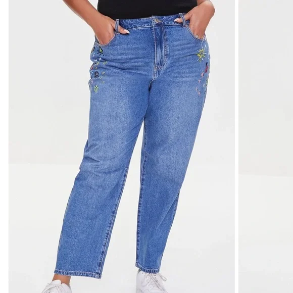 Forever 21 Womens Embroidered High Rise Tapered Hippie Mom Jeans Size 3X NEW - Picture 2 of 15